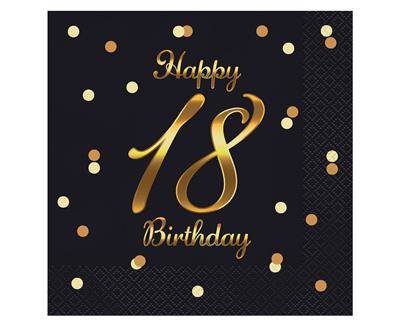 Serwetki urodzinowe Happy 18 Birthday czarne, 33 cm 20 sztuk GoDan