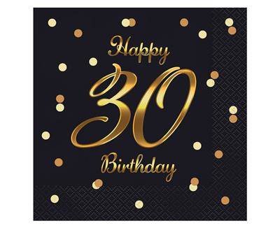 Serwetki urodzinowe Happy 30 Birthday czarne, 33 cm 20 sztuk GoDan