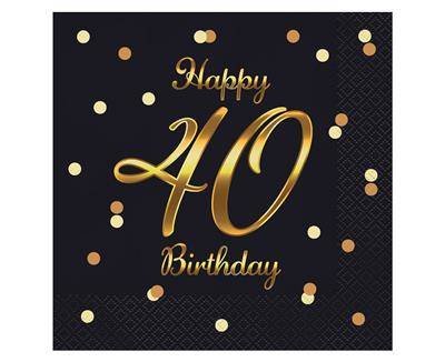 Serwetki urodzinowe Happy 40 Birthday czarne, 33 cm 20 sztuk GoDan