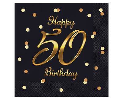 Serwetki urodzinowe Happy 50 Birthday czarne, 33 cm 20 sztuk GoDan