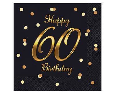 Serwetki urodzinowe Happy 60 Birthday czarne, 33 cm 20 sztuk GoDan