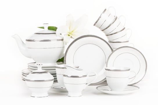 Serwis herbaciany polska porcelana 15 elementów biały / platynowy wzór dla 6 os. GEOS PLATIN Konsimo Konsimo