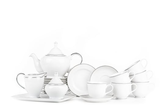 Serwis herbaciany polska porcelana 6 os. 16 elementów Biały / platynowy wzór DIAMENT PLATIN Konsimo Konsimo