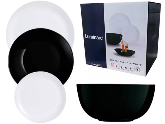 Serwis obiadowy biało czarny Diwali Luminarc 19 elementów talerze dla 6 osób Luminarc