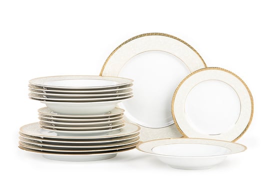 Serwis obiadowy polska porcelana 18 elementów biały / złoty wzór dla 6 os. AGAWA GOLD Konsimo Konsimo