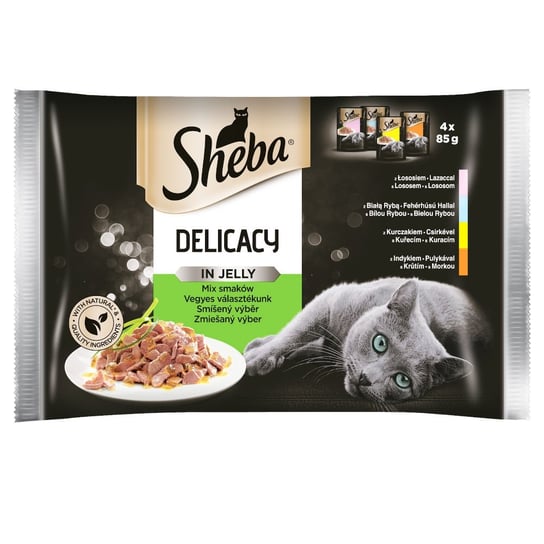 SHEBA saszetka 4x85g Fine Flakes in Jelly - mokra karma dla kotów w galaretce (z białą rybą, z łososiem, z indykiem, z kurczakiem) Sheba