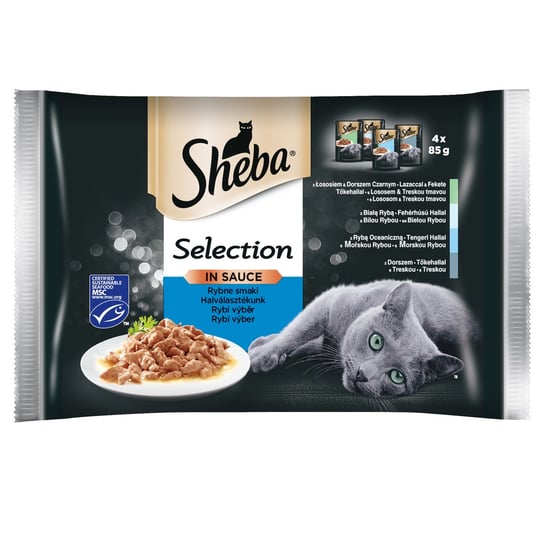 SHEBA saszetka 4x85g Selection in Sauce Smaki Rybne - mokra karma dla kotów w sosie (z białą rybą, z łososiem, z dorszem, z tuńczykiem) Sheba