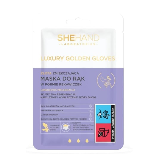 Shehand Luxury Golden Gloves, Złota Zmiękczająca Maska Do Rąk W Formie Rękawiczek, 1 Para SheHand