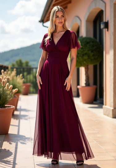 Siateczkowa sukienka maxi - bordowa sukienka M1103 rozmiar S/M FIGL