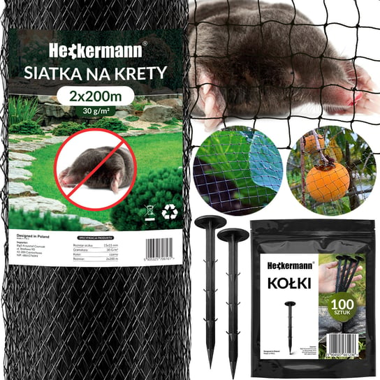 Siatka na krety Heckermann 2x200m 30g/m2 + Kołki Czarne 100 szt. Heckermann