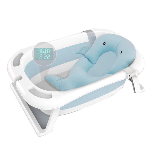 Silikonowa, składana wanienka dla niemowląt - niebieska wbudowany termometr poduszka HEDO