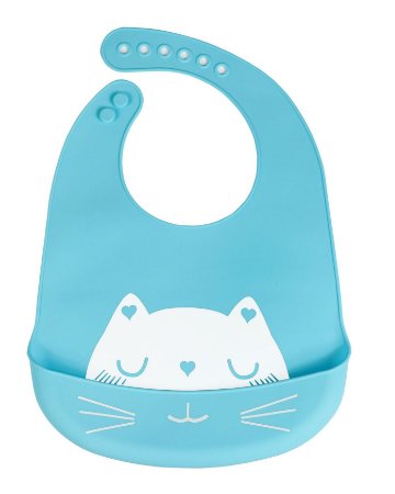 Silikonowy śliniak z kieszonką dla dzieci - błękitny, kot HEDO