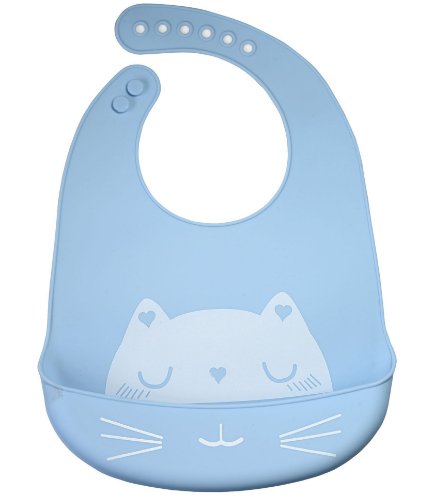 Silikonowy śliniak z kieszonką dla dzieci – niebieski, kot HEDO