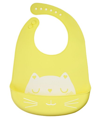 Silikonowy śliniak z kieszonką dla dzieci – żółty, kot HEDO