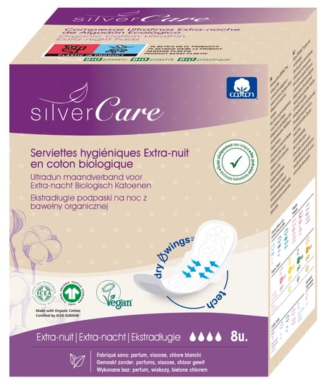 Silver Care, Ekstradługie podpaski o zwiększonej chłonności 100% bawełny organicznej, 8 szt. Silver Care