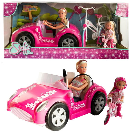 Simba, lalka Steffi w kabriolecie i Evi na rowerze Simba