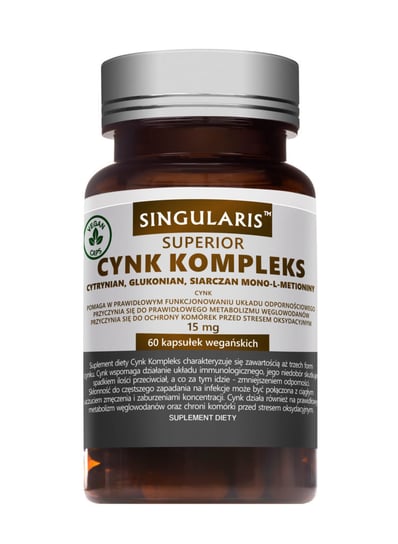 Singularis Cynk Kompleks  mix cytrynian, glukonian i mono l-metionina cynku Suplement diety, 60 kaps. wegańskich Singularis