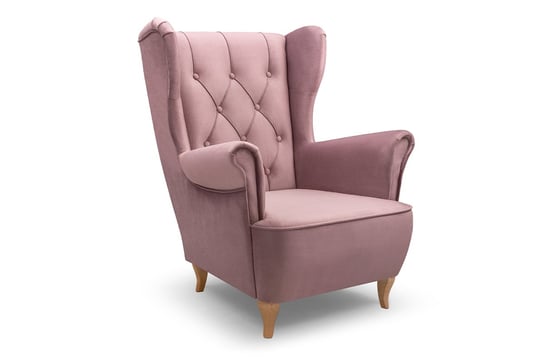 Skandynawski fotel uszak na drewnianych nóżkach różowy ERBO Konsimo