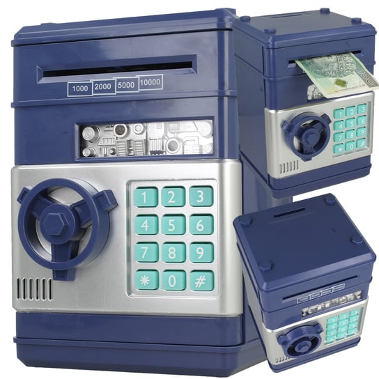 Skarbonka Sejf Wpłatomat Monet Banknotów + Kod Pin Niebieski U683N elektrostator