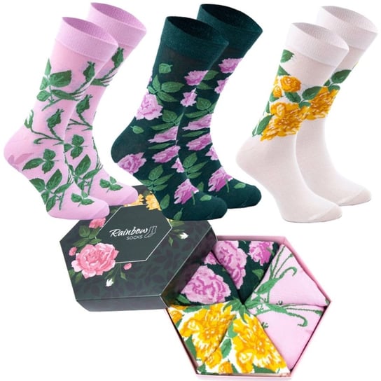 Skarpetki Na Prezent Bawełniane Damskie Ciekawe FlowerBox Rainbow Socks Kwiaty Dla Kobiet 3 Pary 36-40 Rainbow