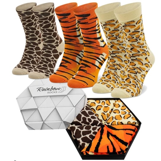 Skarpetki Rainbow Sock Wild Box Na Prezent Bawełniane Wygodne Wysokie Długie Męskie Damskie W Motywy Dzikich Zwierząt Żyrafa Pantera Tygrys 36-40 Rainbow