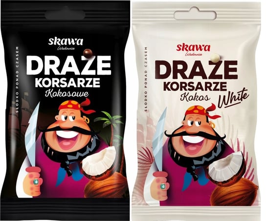 Skawa Cukierki Draże Korsarze kokosowe białe i czarne 70g mix 2 smaków | Zestaw Dwupak Skawa