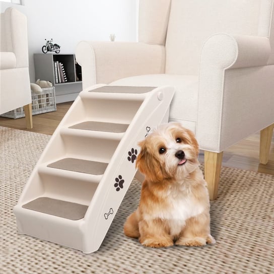 Składane schodki dla psa, kremowe, 62 x 40 x 49,5 cm vidaXL