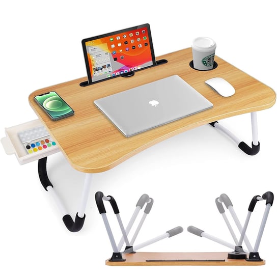 Składany stolik pod laptopa w kolorze drewna z miejscem na kubek i szufladą SEVERNO Home