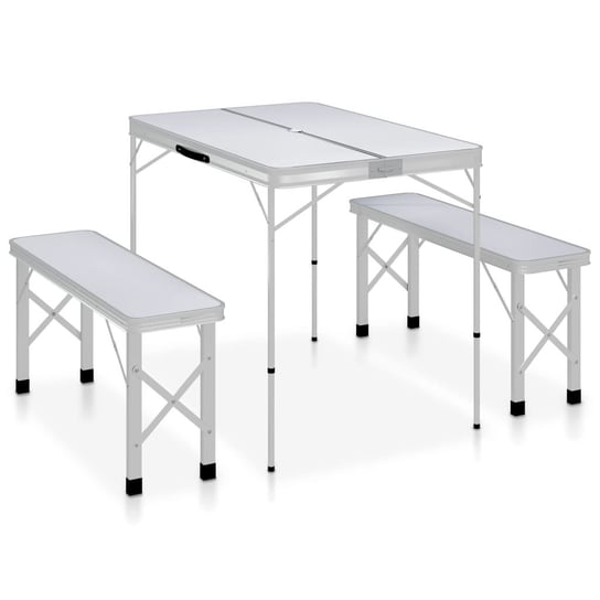 Składany stolik turystyczny z 2 ławkami, aluminium, biały vidaXL