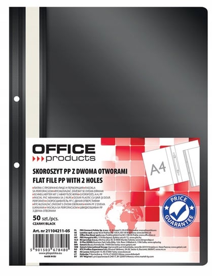 Skoroszyt PP A4 2 otwory wpinany czarny 50szt Office Products