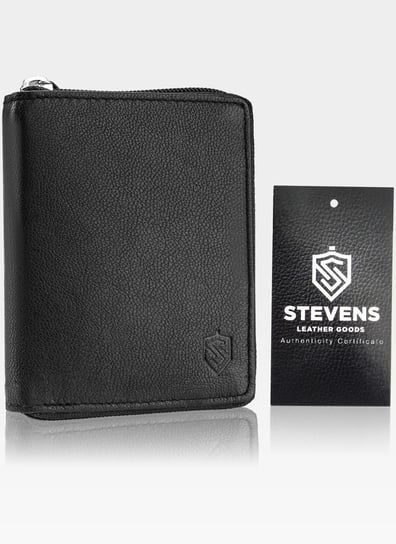 Skórzany czarny portfel męski STEVENS duży na suwak Pionowy - czarny Stevens