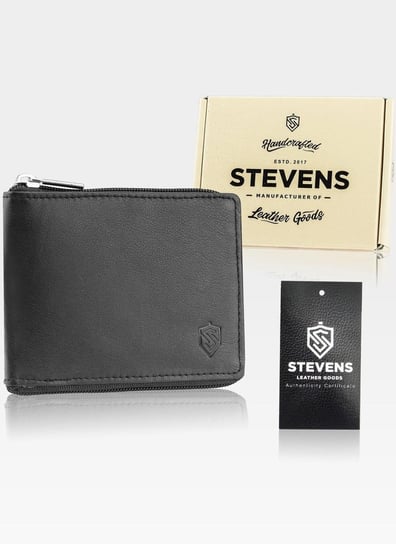 Skórzany czarny portfel męski STEVENS duży na suwak Poziomy - czarny Stevens
