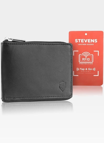 Skórzany czarny portfel męski STEVENS duży na suwak RFID Secure TAP&GO - czarny Stevens