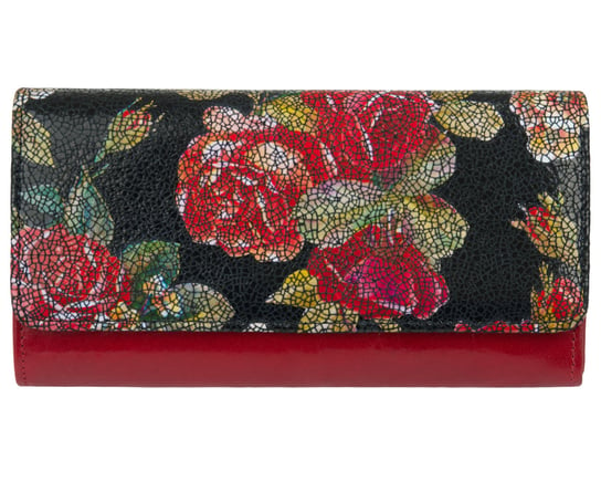 Skórzany duży czerwony portfel damski Isabella, w kwiaty - róże Stefania