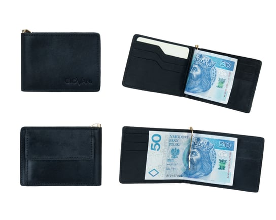 Skórzany mały czarny portfel męski Robert- jucht, baknotówka z klipsem Stefania