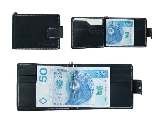 Skórzany mały portfel męski Jake - banknotówka, czarny z beżowym obszyciem Stefania