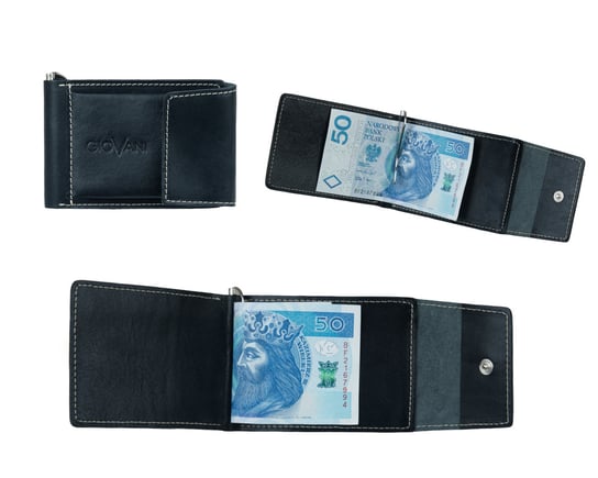 Skórzany mały portfel męski Oscra- czarny z beżowym obszyciem, banknotówka, jucht Stefania