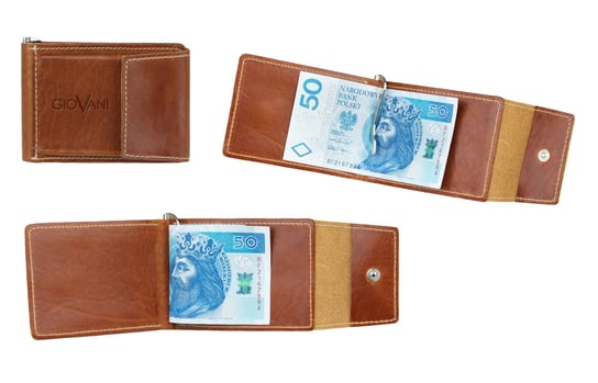 Skórzany mały portfel męski Oscra - jasny brąz, banknotówka z klipsem Stefania