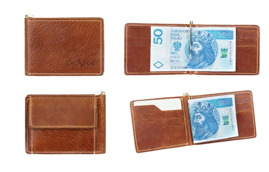 Skórzany mały portfel męski Robert- baknotówka z klipsem, jasny brąz Stefania