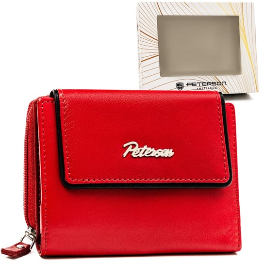 Skórzany porfel damski na zatrzask z ochroną kart RFID Peterson, czerwono-czarny Peterson