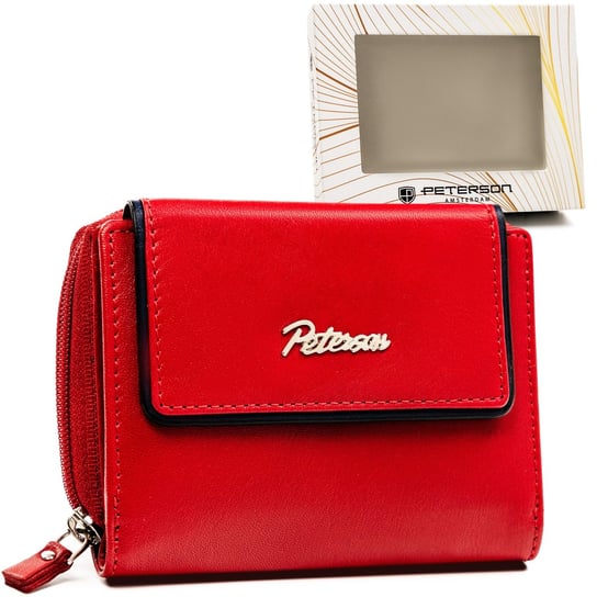 Skórzany porfel damski na zatrzask z ochroną kart RFID Peterson, czerwono-granatowy Peterson