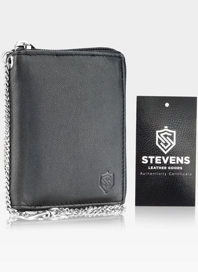 Skórzany portfel męski duży na suwak STEVENS z łańcuszkiem - czarny Stevens