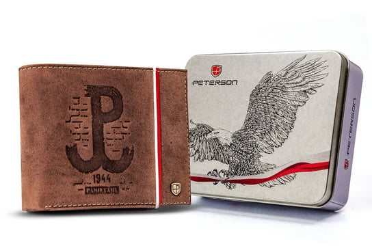 Skórzany portfel męski patriotyczny Polska Walcząca flaga Polski Peterson, brązowy Peterson