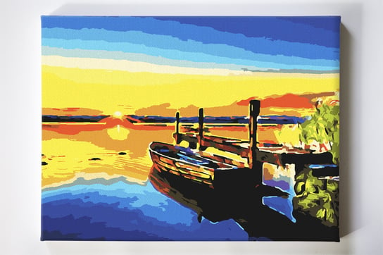 Słoneczna przystań, jezioro, łódka, zachód słońca, malowanie po numerach Akrylowo
