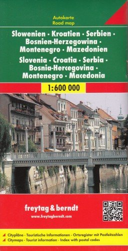 Słowenia Chorwacja Serbia Bośnia i Hercegowina Czarnogóra Kosowo Macedonia. Mapa 1:600 000 Freytag & Berndt