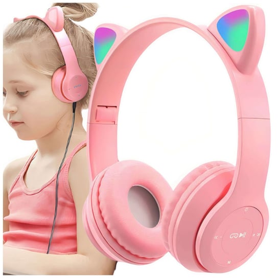 Słuchawki bezprzewodowe LED RGB nauszne Bluetooth 5.0 dla dzieci z uszami kota kocie uszy Różowe Defender