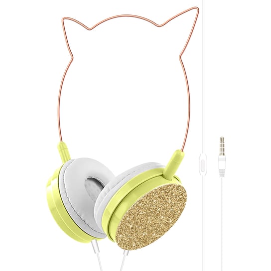Słuchawki Przewodowe Jack 3,5 Mm Cat Ears Kawaii Design Micro Gold Glitter Avizar