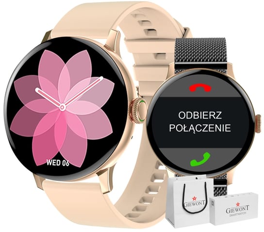 Smartwatch Damski Giewont Gw330-4 Różowe Złoto-Róż Pudrowy Pasek Silikonowy  + Czarna Bransoleta GIEWONT