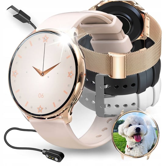 SMARTWATCH DAMSKI ZEGAREK MENU PL POWIADOMIENIA ROZMOWY SMART WATCH 4 PASKI JG Smart