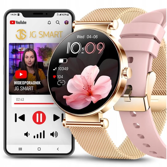 SMARTWATCH ZEGAREK DAMSKI ROZMOWY MENU PL CIŚNIENIE POWIADOMIENIA 2 paski JG Smart